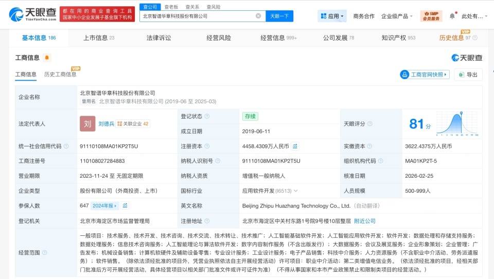 智譜AI完成新一輪增資，注冊(cè)資本增至4458.4萬元，發(fā)力數(shù)字內(nèi)容制作服務(wù)